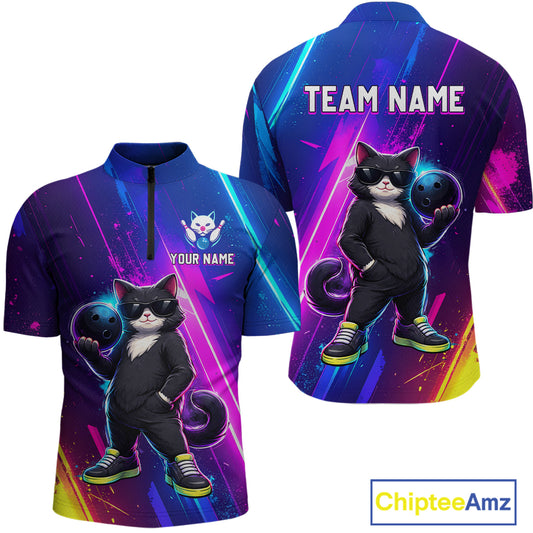 Personalized Neon Funny Cat Bowling Team Shirt for Men Bowling League Jersey Polo & Quarter-Zip Bowling Outfit QZT916