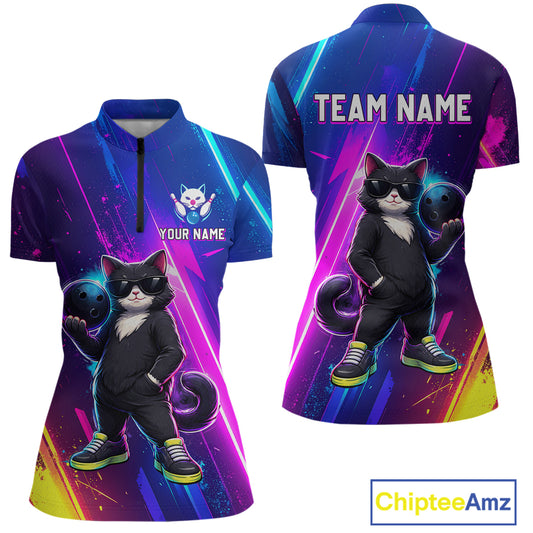 Personalized Neon Funny Cat Bowling Team Shirt for Women Bowling League Jersey Polo & Quarter-Zip Bowling Outfit QZT916