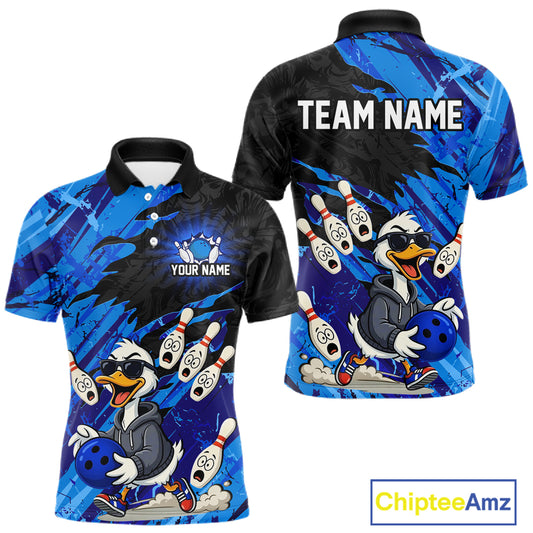 Blue Funny Duck Bowling Shirt for Men Custom Bowling Team Jersey Bowling League Polo & Quarter-Zip QZT944