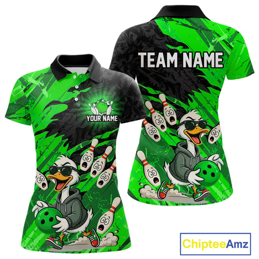 Green Funny Duck Bowling Shirt for Women Custom Bowling Team Jersey Bowling League Polo & Quarter-Zip QZT944