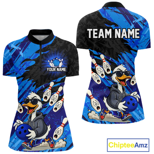 Blue Funny Duck Bowling Shirt for Women Custom Bowling Team Jersey Bowling League Polo & Quarter-Zip QZT944
