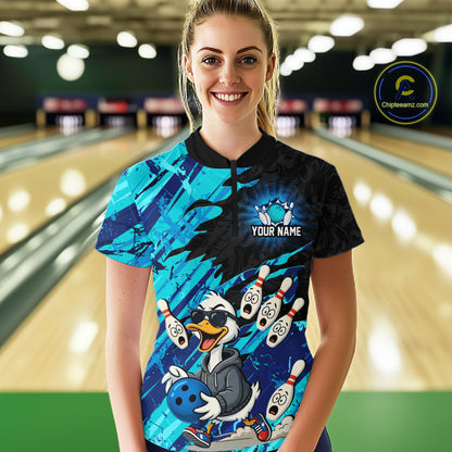 Cyan Funny Duck Bowling Shirt for Women Custom Bowling Team Jersey Bowling League Polo & Quarter-Zip QZT944