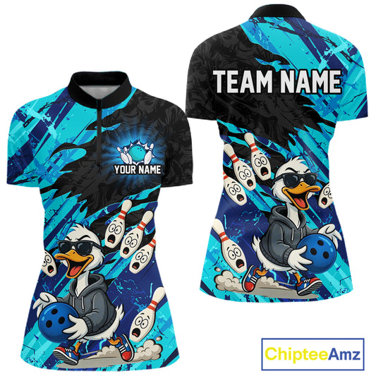 Cyan Funny Duck Bowling Shirt for Women Custom Bowling Team Jersey Bowling League Polo & Quarter-Zip QZT944