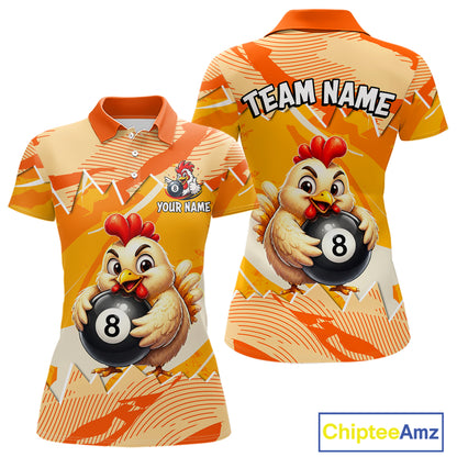 Two polo shirts with a chicken holding a pool ball design on an orange and yellow background, featuring 'Chiptee Amz' branding.