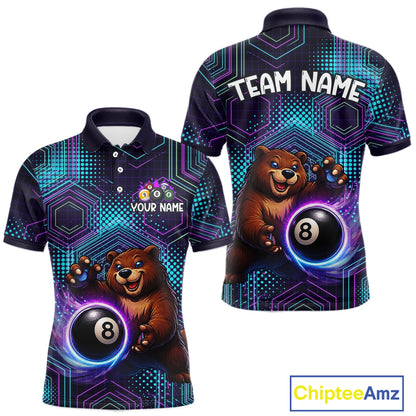 Polo shirt with bear and 8-ball design on a geometric pattern, featuring 'Team Name' and 'Your Name' text.