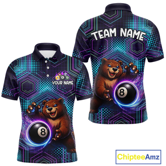 Polo shirt with bear and 8-ball design on a geometric pattern, featuring 'Team Name' and 'Your Name' text.