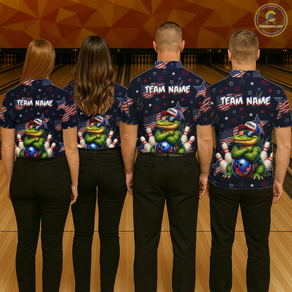 Custom American Flag Alligator Bowling Shirt for Men Patriotic Bowling Jersey Polo & 1/4-Zip QZT1029