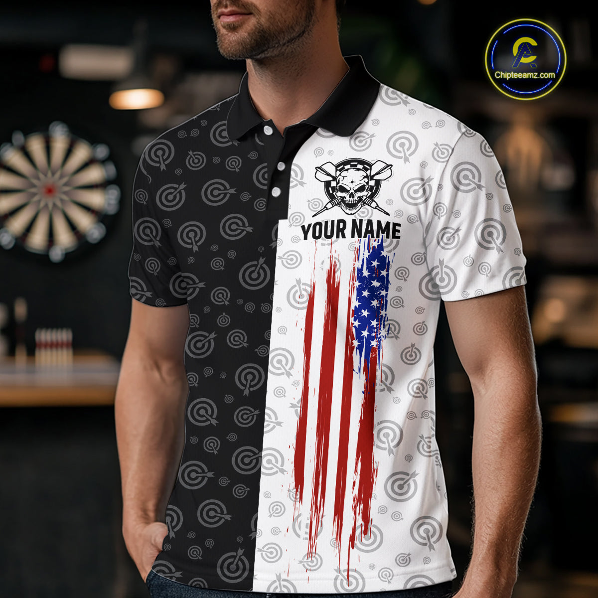Custom Black & White Skull Dart Shirt for Men American Flag Dart Jersey for Team Dartboard Shirts Gift DHT10