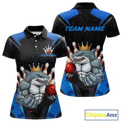 Custom Blue Funny Shark Bowling Team Shirt Bowling Jersey for Women Polo & Quarter-Zip QZT949
