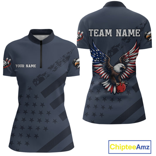 Custom American Flag Eagle Bowling Shirt for Women Polo & Quarter-Zip Bowling Team Jersey QZT953