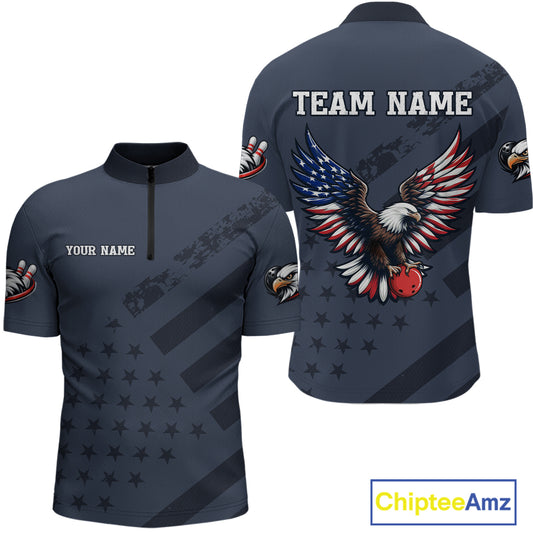 Custom American Flag Eagle Bowling Shirt for Men Polo & Quarter-Zip Bowling Team Jersey QZT953