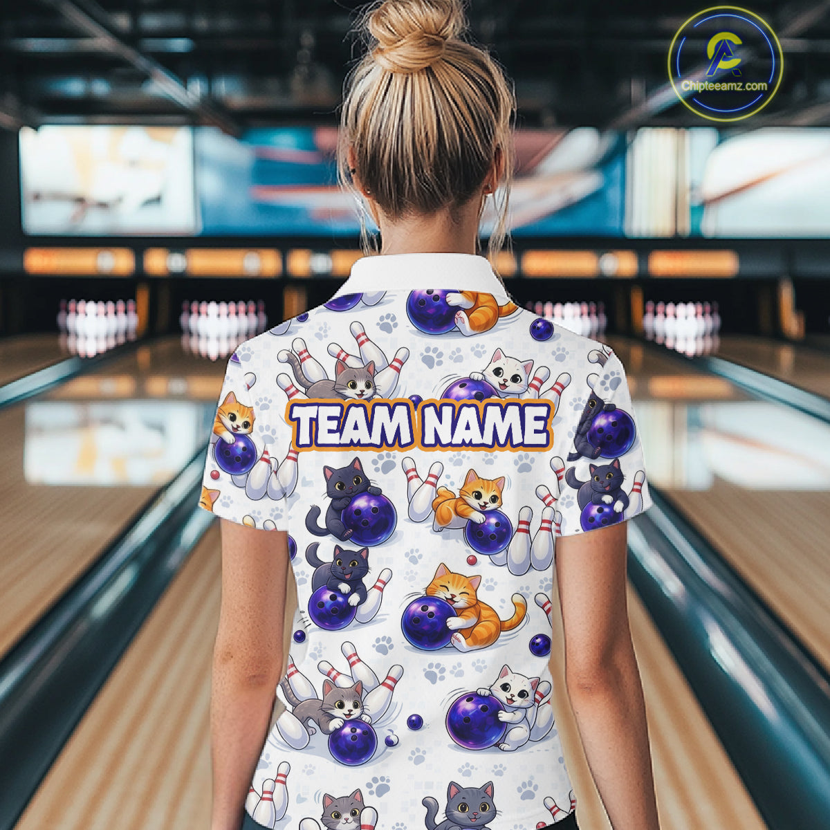 Custom Funny Cat Pattern Bowling Shirt Bowling Jersey League Polo & 1/4Zip Bowling Team for Women QZT951