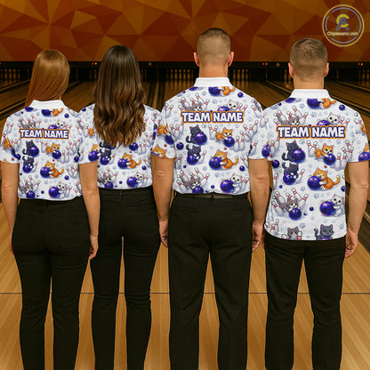 Custom Funny Cat Pattern Bowling Shirt Bowling Jersey League Polo & 1/4Zip Bowling Team for Women QZT951