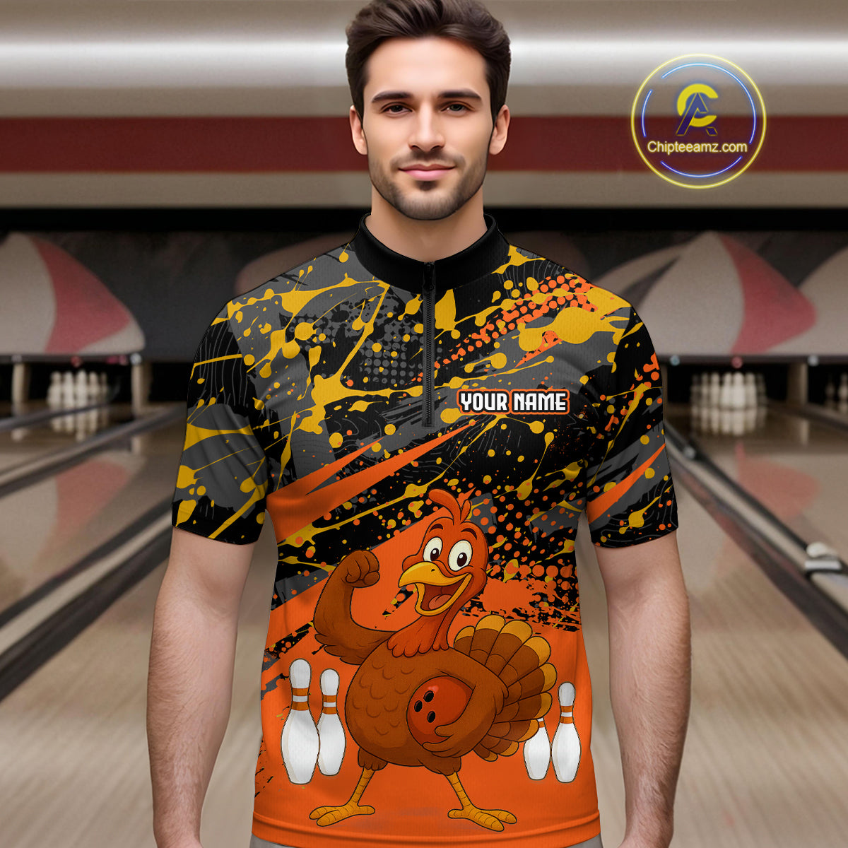 Orange Funny Turkey Bowling Team Shirt for Men Bowling Jersey Thanksgiving Bowling Outfit QZT776