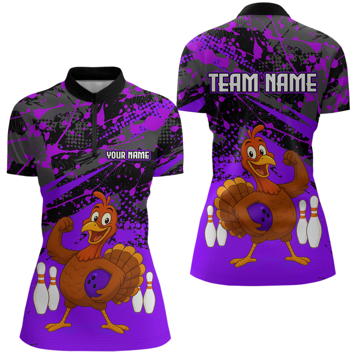 Purple Funny Turkey Bowling Team Shirt for Women Bowling Jersey Thanksgiving Bowling Outfit QZT776