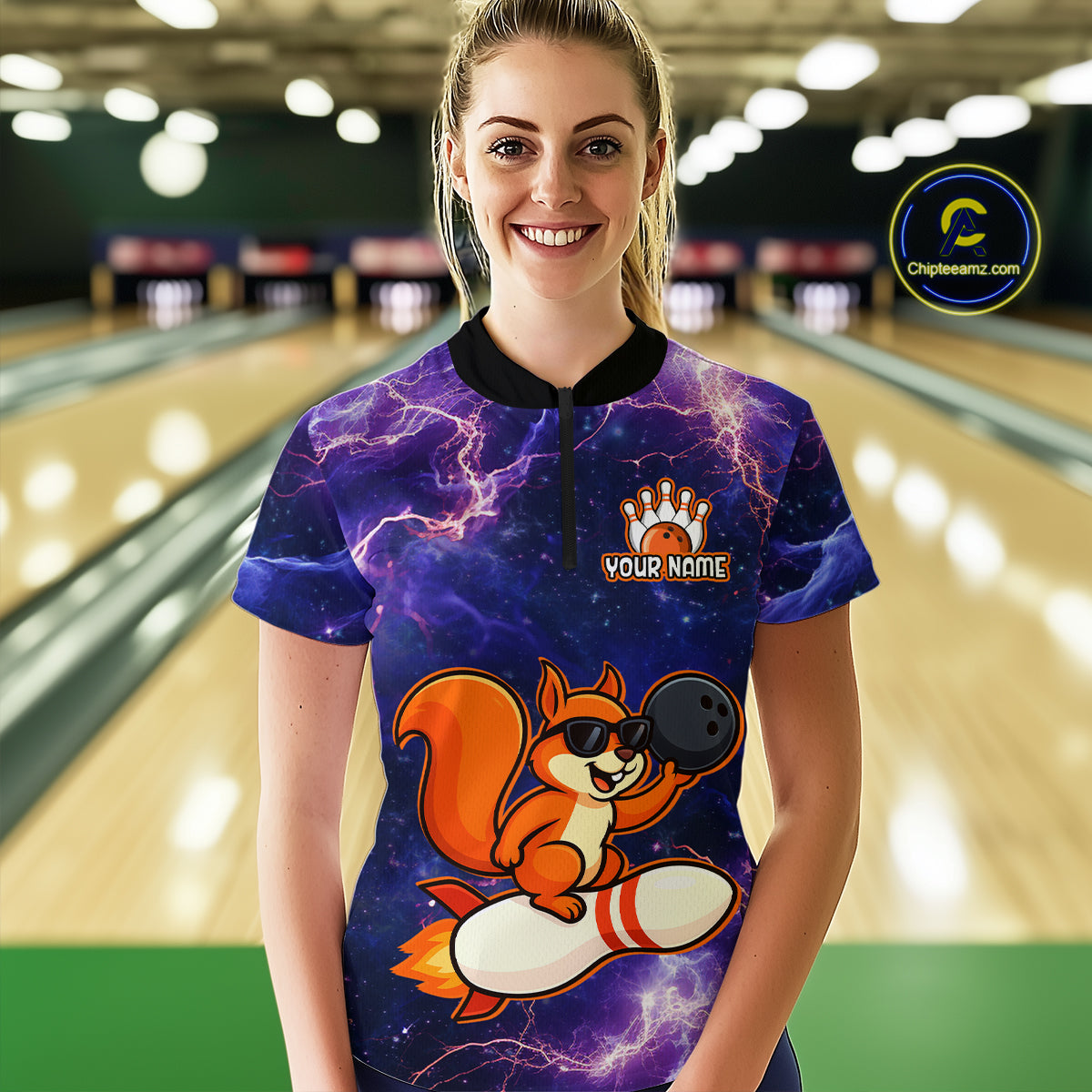 Custom Thunder Lightning Funny Squirrel Bowling Shirt Bowling Jersey for Women QZT777