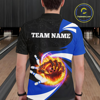 Personalized Blue Flame Demon Hand Bowling Shirt for Men Bowling Outfit Polo & Quarter-Zip Bowling Jersey QZT867