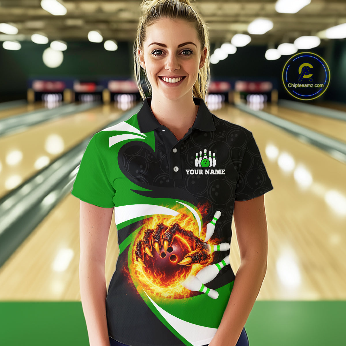 Personalized Green Flame Demon Hand Bowling Shirt for Women Bowling Outfit Polo & Quarter-Zip Bowling Jersey QZT867