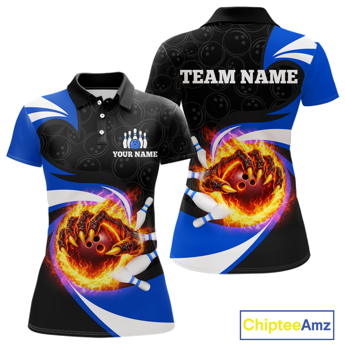 Personalized Blue Flame Demon Hand Bowling Shirt for Women Bowling Outfit Polo & Quarter-Zip Bowling Jersey QZT867