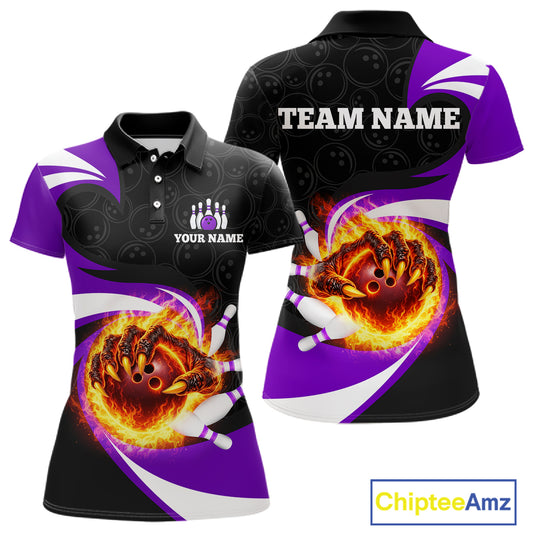 Personalized Purple Flame Demon Hand Bowling Shirt for Women Bowling Outfit Polo & Quarter-Zip Bowling Jersey QZT867
