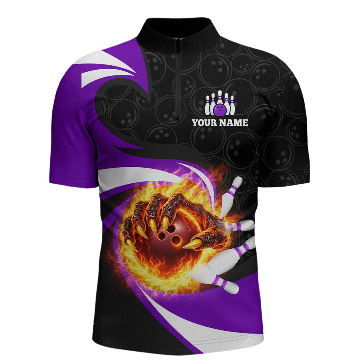 Personalized Purple Flame Demon Hand Bowling Shirt for Men Bowling Outfit Polo & Quarter-Zip Bowling Jersey QZT867
