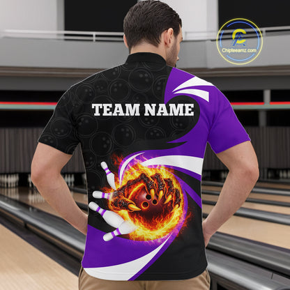 Personalized Purple Flame Demon Hand Bowling Shirt for Men Bowling Outfit Polo & Quarter-Zip Bowling Jersey QZT867