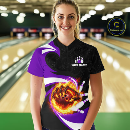 Personalized Purple Flame Demon Hand Bowling Shirt for Women Bowling Outfit Polo & Quarter-Zip Bowling Jersey QZT867