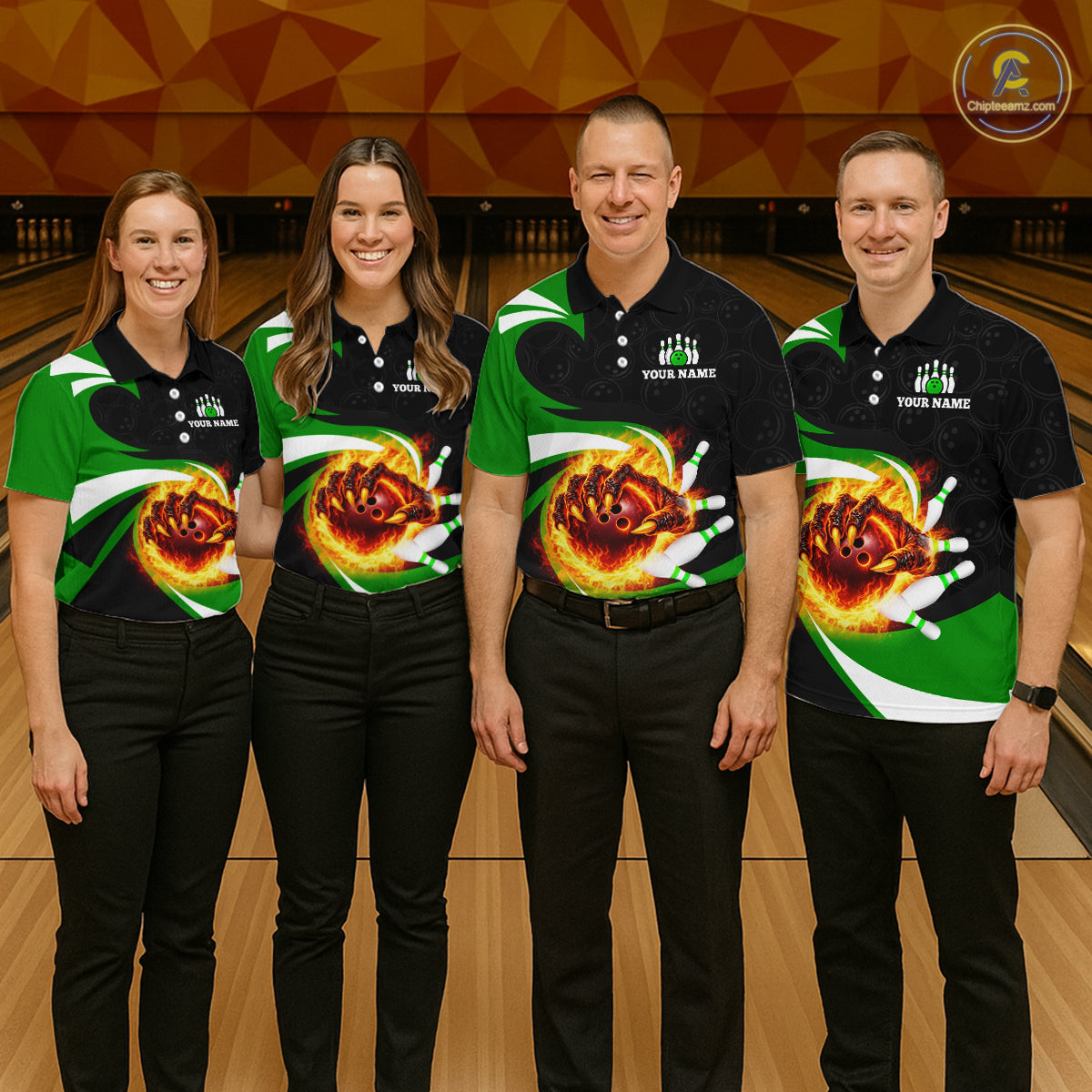 Personalized Green Flame Demon Hand Bowling Shirt for Men Bowling Outfit Polo & Quarter-Zip Bowling Jersey QZT867