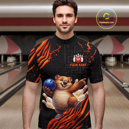 Orange Funny Wombat Bowling Shirt for Men Custom Bowling Jersey Polo & Quarter-Zip Bowling Outfit  QZT923