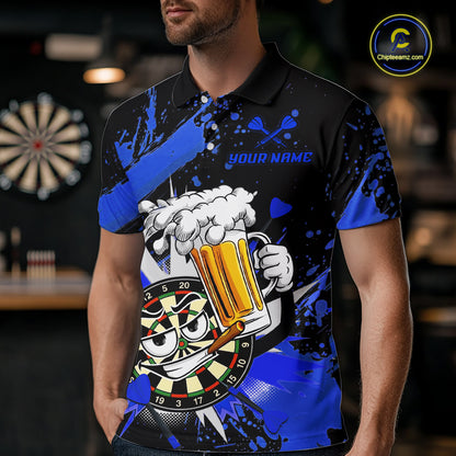 A man wearing a black and neon blue short-sleeve polo shirt with a darts and beer-themed graphic print. The shirt features a cartoon dartboard face, a foaming beer mug, crossed darts, and the text 'YOUR NAME' on the chest.