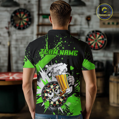 A man viewed from behind wearing a black short-sleeve polo shirt with a bright green and white graphic design on the back. The design features the text 'TEAM.