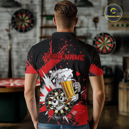 A man viewed from behind wearing a black and red short-sleeve polo shirt with a large graphic print on the back featuring a cartoon beer mug, dartboard, and the text 'TEAM.NAME'.
