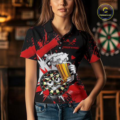 A woman wearing a black short-sleeve polo shirt with a red and white graphic design featuring a cartoon dartboard and beer mug. The shirt has a 'YOUR NAME' placeholder on the chest.