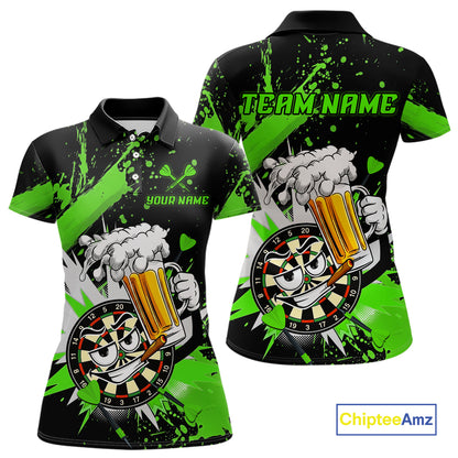 A custom short-sleeve polo shirt shown from both front and back views. The shirt features a black base with vibrant neon green paint splatters, a cartoon dartboard mascot holding a foaming beer mug, and customizable text areas reading 'YOUR NAME' on the front chest and 'TEAM.