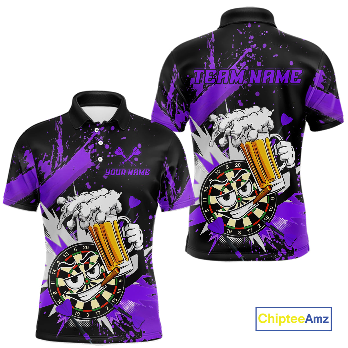 Customizable black and purple short-sleeve polo shirt mockup showing front and back views with a cartoon dartboard and beer mug graphic, plus 'TEAM NAME' and 'YOUR NAME' text placeholders, on a white background with ChipteeAmz logo.