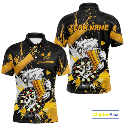 Custom short-sleeve polo shirt shown from the front and back, featuring a black base with bold yellow paint splatters, a cartoon dartboard with a skull face, a frothy beer mug graphic, and placeholder text including 'TEAM NAME' and 'YOUR NAME'. A ChipteeAmz logo appears in the bottom right corner.