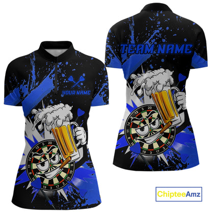 Front and back views of a women's short-sleeve quarter-zipwith a blue and black graphic design featuring a cartoon dartboard character holding a beer mug, customizable text placeholders, and a ChipteeAmz logo in the bottom right corner.