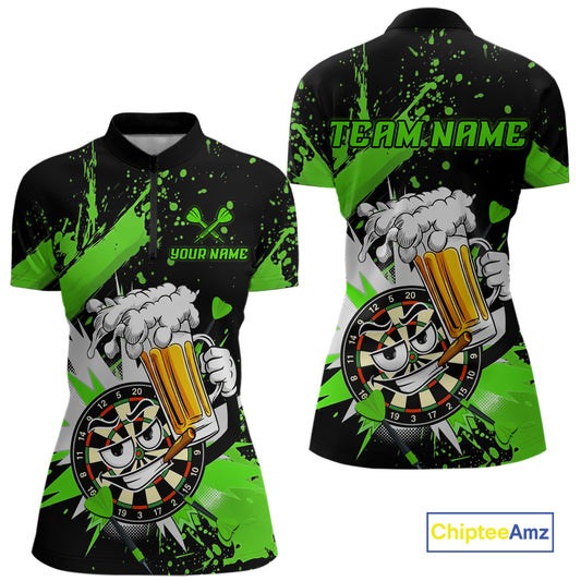 Front and back views of a women's short-sleeve quarter-zip jersey with a black base, bright green splatter graphics, a cartoon dartboard character holding a beer mug, and customizable text placeholders 'TEAM.NAME' and 'YOUR NAME'.
