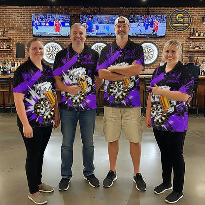 Four people standing together in a bar wearing matching purple and black graphic shirts with a large beer mug design on the front.