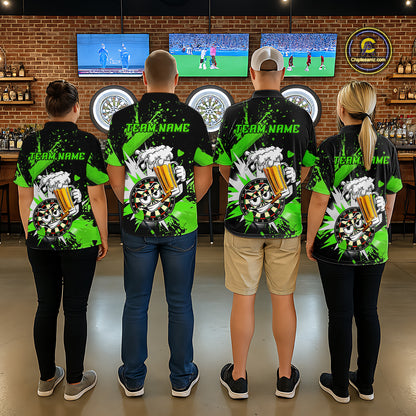 Four people standing with their backs to the camera in a bar setting, wearing matching black and neon green custom sports jerseys with a skull and beer graphic on the back and 'TEAM NAME' printed on the neck.