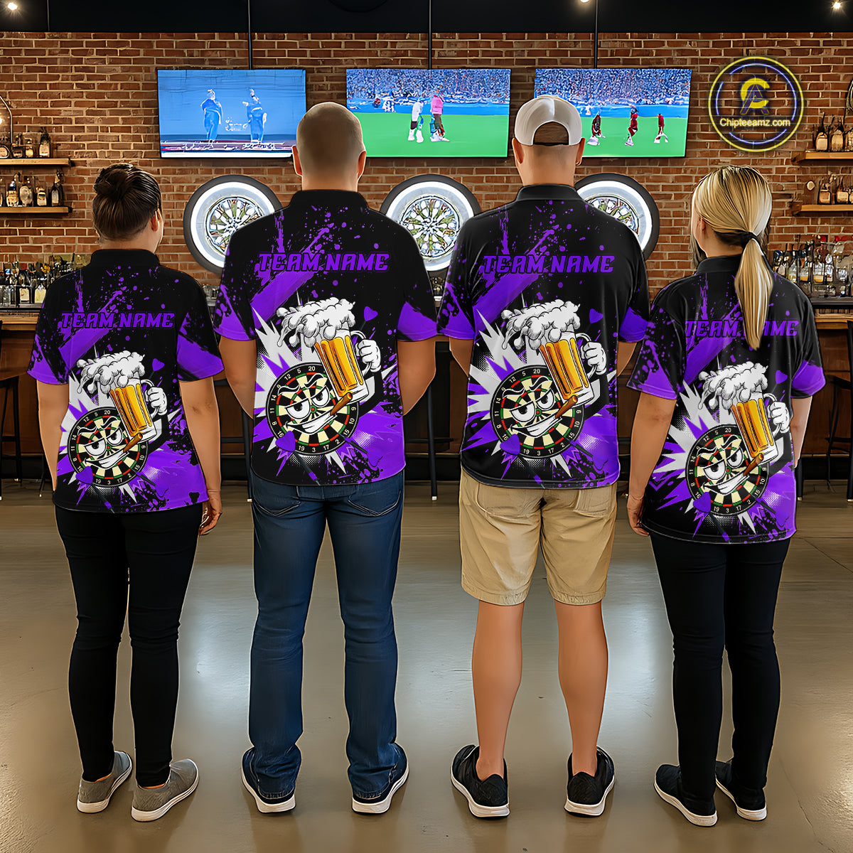 Four people standing with their backs to the camera in a bar setting, wearing matching black and purple custom graphic shirts with a skull and beer can design and 'TEAM NAME' printed on the back.