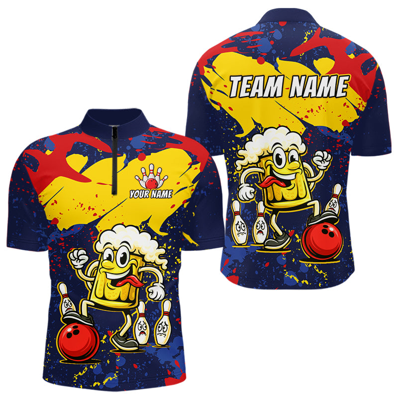 Red & Yellow Funny Beer Bowling Shirt Custom Navy Bowling Jersey for Men Bowling Team QZT811