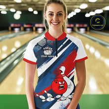 Load image into Gallery viewer, Red Blue &amp; White Crazy Bowling Ball Pin Women Bowling Team Shirt Bowling League Jersey QZT814
