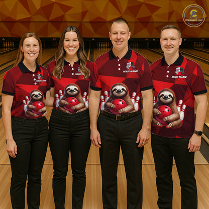 Red Funny Sloth Bowling Shirt for Men Custom Bowling Jersey Polo & Quarter-Zip Bowling Outfit QZT995