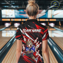 Load image into Gallery viewer, Woman wearing custom red pit bull bowling polo shirt, back view mockup, personalized bowling league jersey.