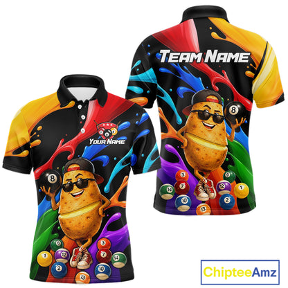 Colorful polo shirt with a potato character and billiard balls design, featuring 'Team Name' and 'Your Name' text.