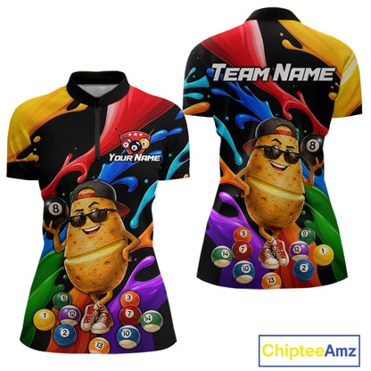 Colorful quarter-zip jersey with cartoon potato design and pool balls, featuring 'Team Name' and 'Your Name' text.