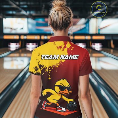 Custom Funny Duck Bowling Shirt for Women Red & Yellow Bowling Jersey Polo & 1/4 Zip QZT791