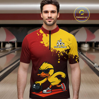Custom Funny Duck Bowling Shirt for Men Red & Yellow Bowling Jersey Polo & 1/4 Zip QZT791