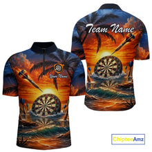 Load image into Gallery viewer, Custom Dart Team Shirts for Men Polo &amp; 1/4 Zip Dart Jersey Sunset Tropical Design Dartboard Shirt DHT30